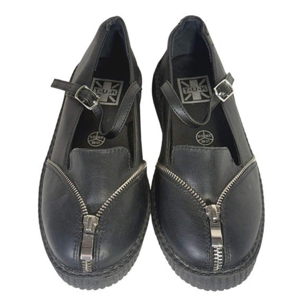 T.U.K. Black Viva Low Mary Jane Platform Loafers Zipper Accent Womens 8